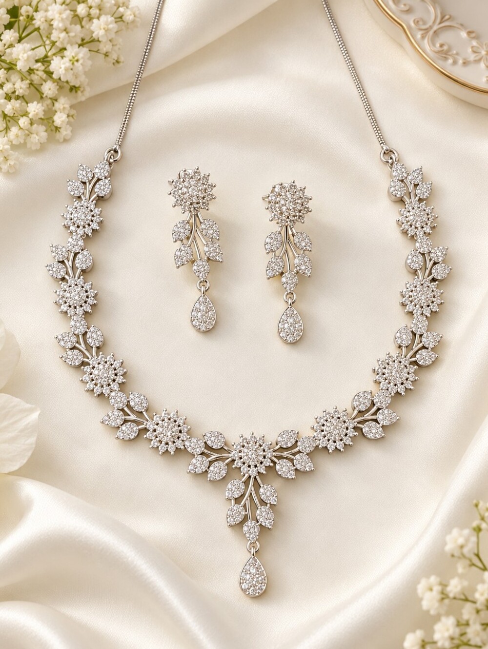Silver American Diamond Floral Necklace & Earring Set
